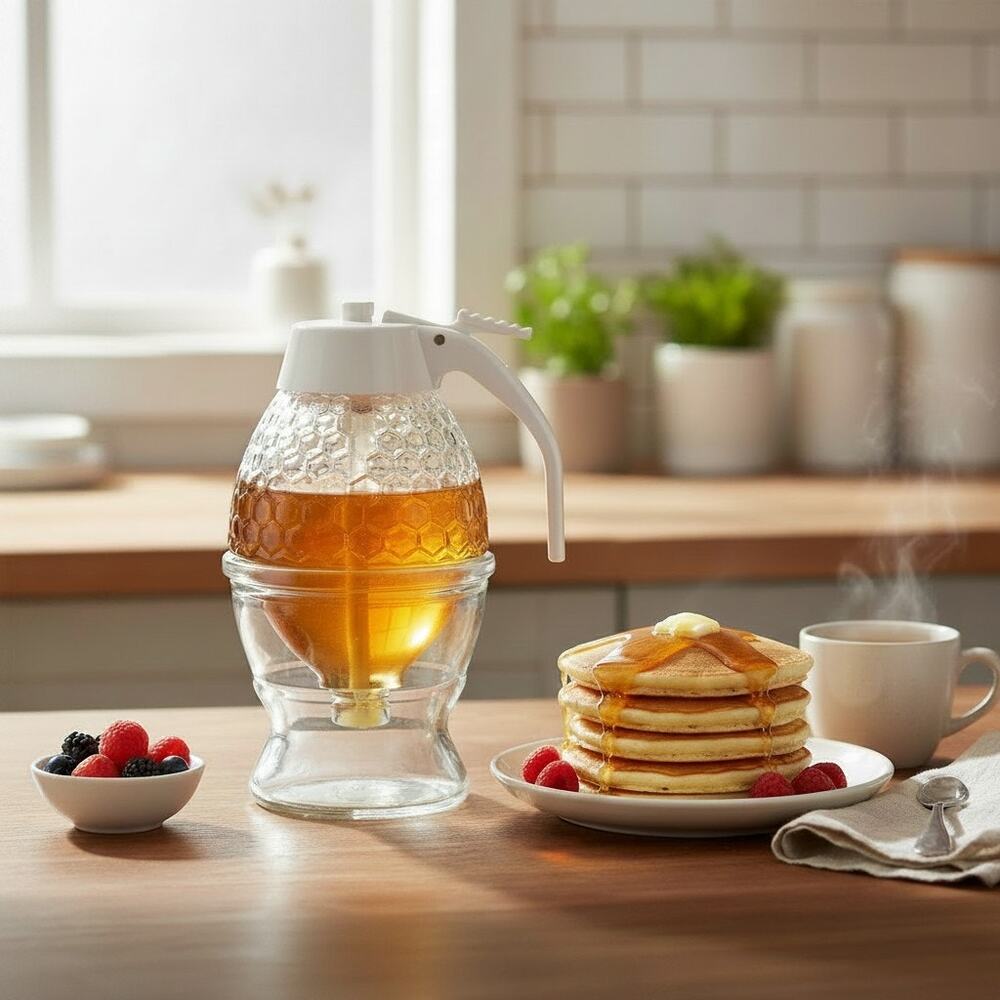 Glass Honey Dispenser No Drip 8oz Syrup Jar w Stand